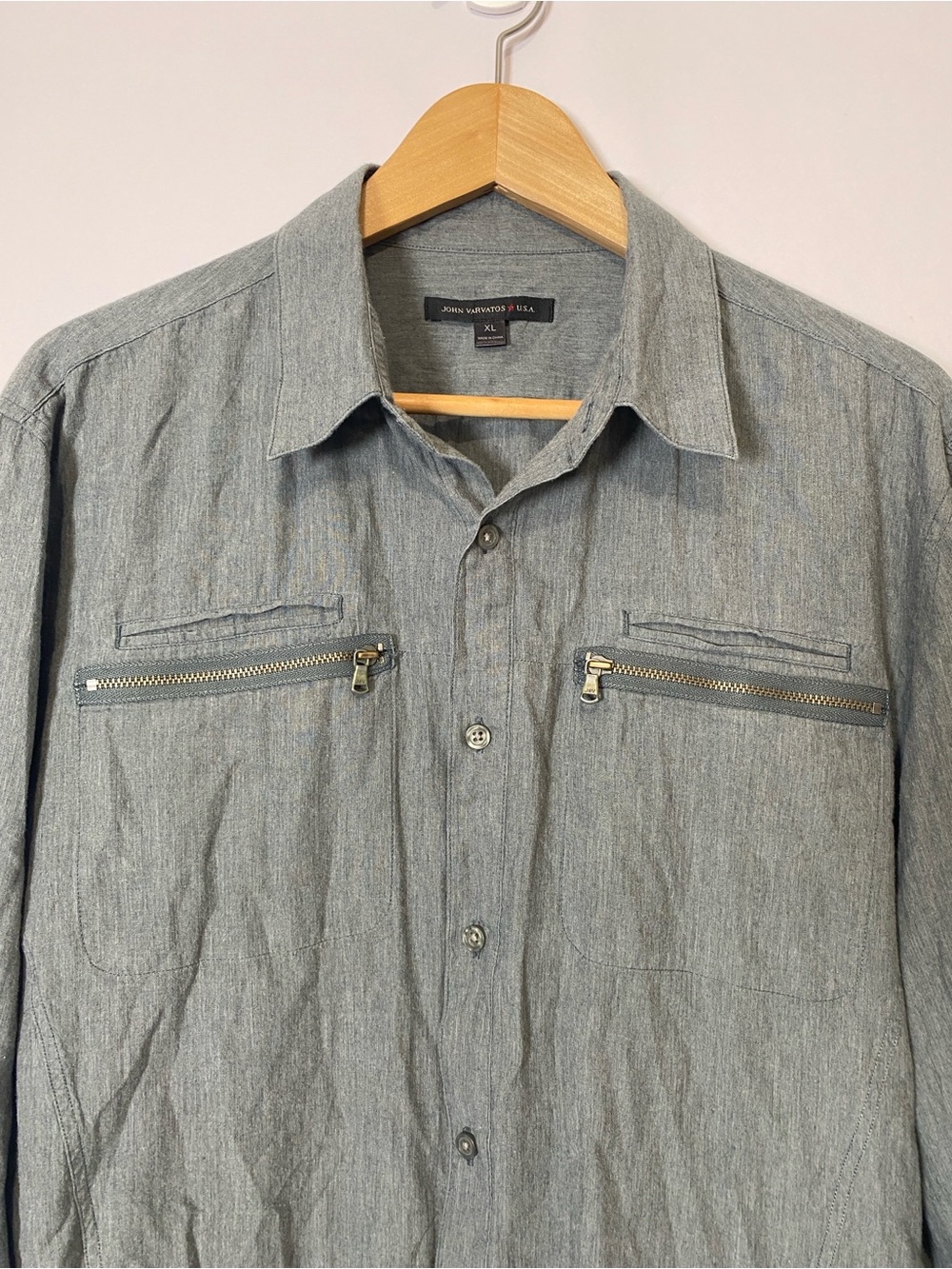 John Varvatos USA Gray Double Zip Pocket Roll Tab Sleeve Button Up Shirt Mens XL - Picture 2 of 7